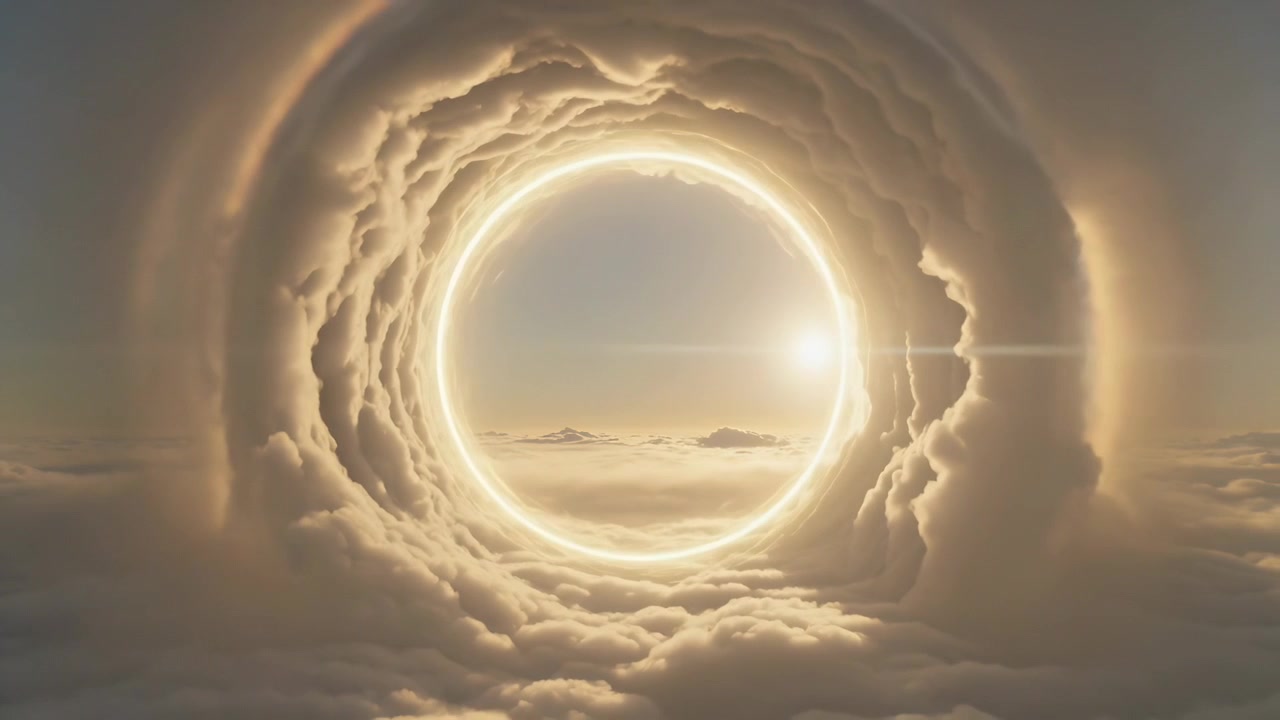 Anello circolare luminoso che si schiarisce rivelando un tunnel di nuvole scolpite durante l'alba, con lens flare.