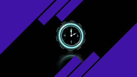 Animation-of-clock-with-turning-hands-and-purple-shapes-on-black-background