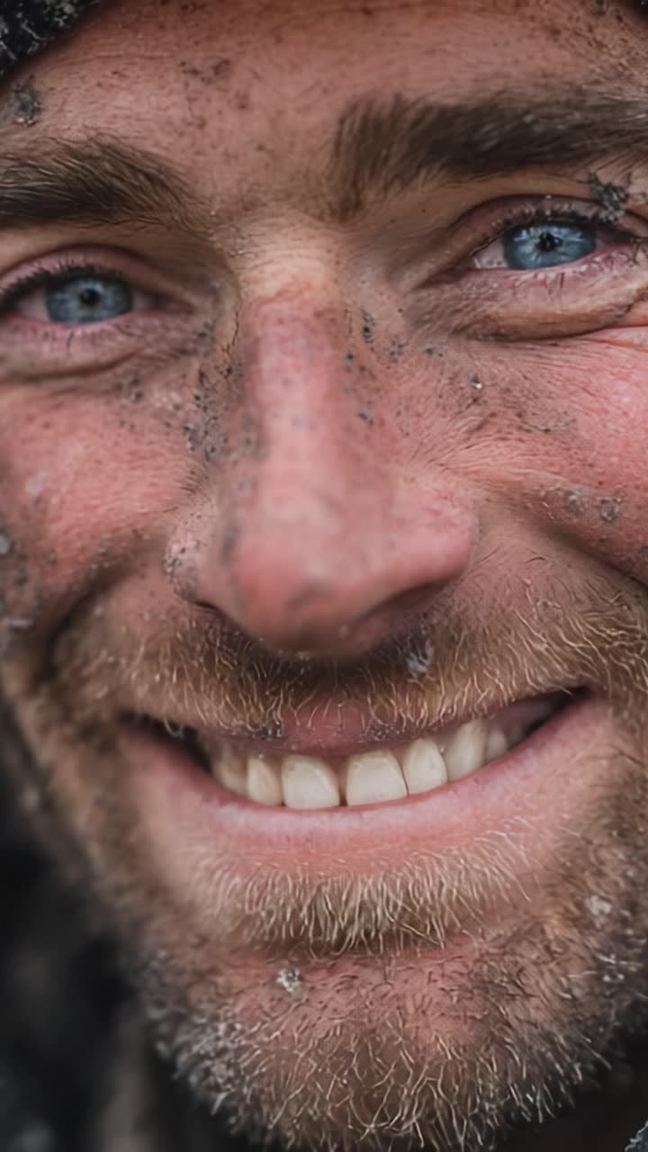 A Glimmer of Joy: Capturing the Resilient Spirit of a Smiling Individual Amidst Nature's Elements in a Gritty Close-Up Portrait