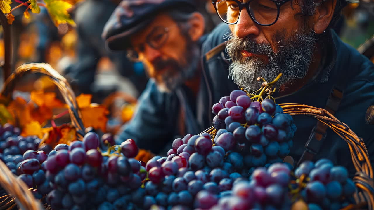 Workers gather grapes during harvest season in a vineyard in autumn