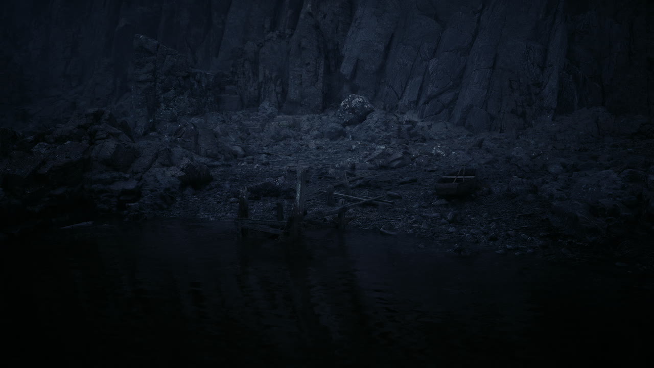 Mysterious rocky landscape under dim light with reflections on water