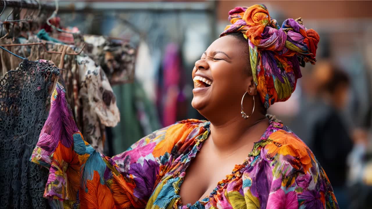 A joyful woman dressed in vibrant floral attire and a colorful headwrap beams with laughter while exploring a lively market filled with clothes and fabrics, capturing a moment of pure happiness