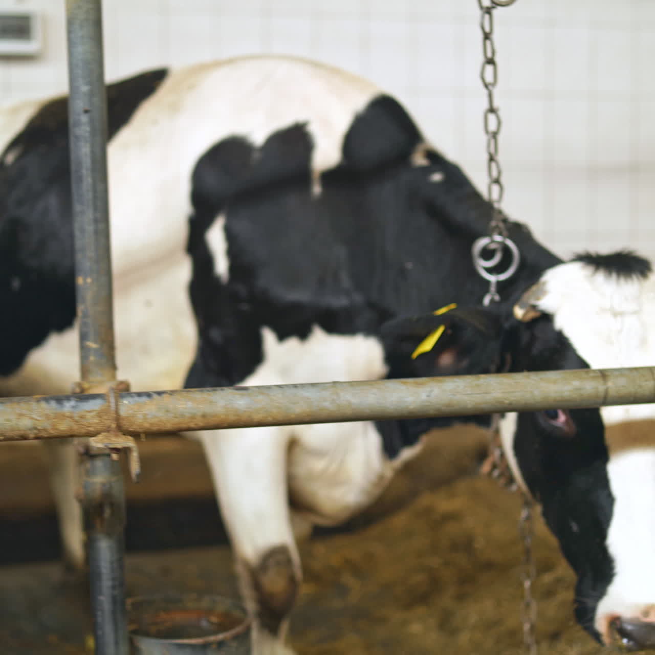 Black and white cow in a farm barn. Dairy cow standing in agricultural farm for producing natural milk. Close-up.