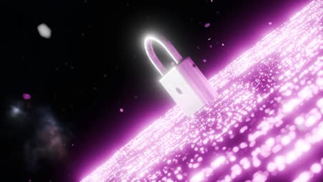 metal padlock standing on glowing pink digital surface in dark space. cyber security and data protection concept. design for poster, banner, wallpaper, header