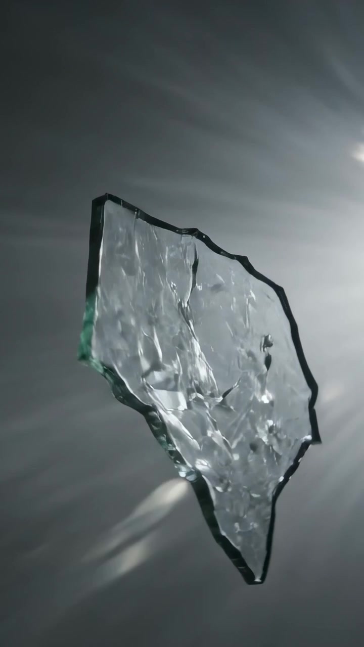 Vertical video: Rotating broken glass shard entering topright, catching sun and lens flares in sky