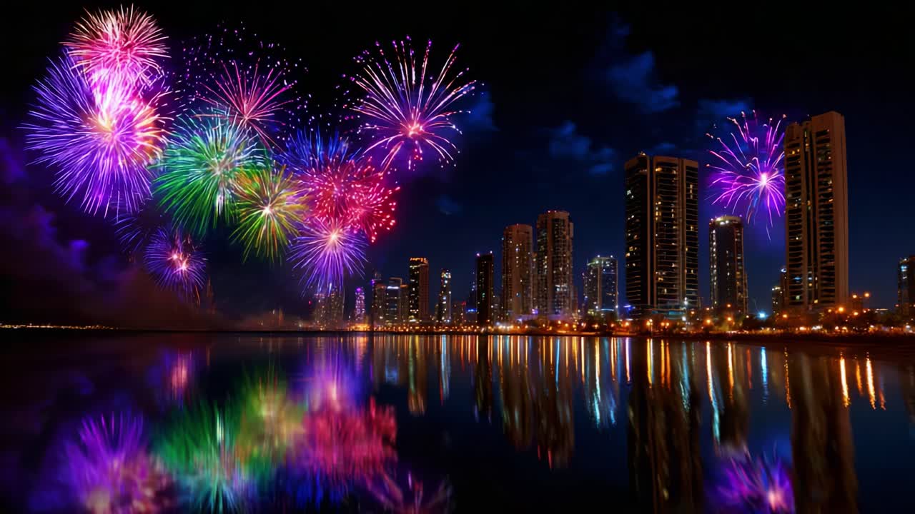 Spectacular Nighttime Fireworks Display Over Urban Cityscape Reflected in Water Below, Showcasing Vibrant Colors and Bright Explosions Against a Dark Sky, Creating a Captivating Visual Experience