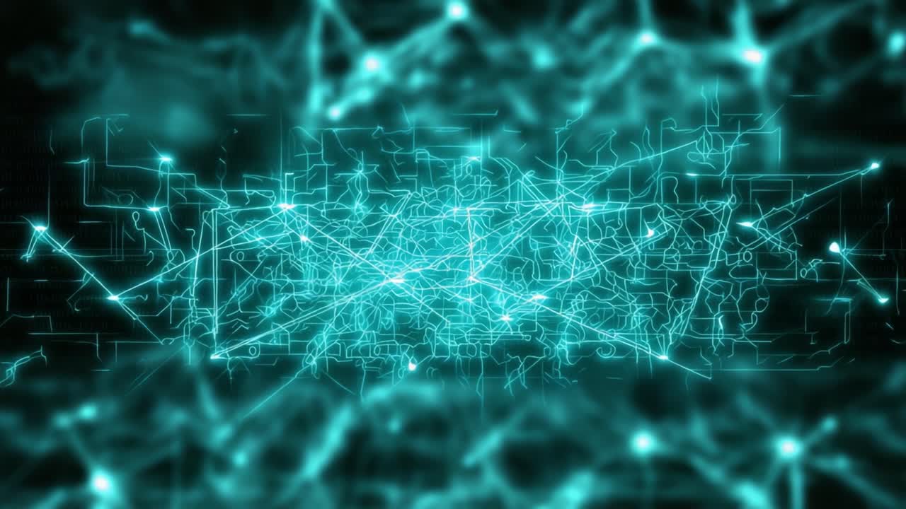 Abstract technological background showing a growing grid of lines and nodes. Representing concepts like data flow. Artificial intelligence. And global digital networking connections on a dark screen