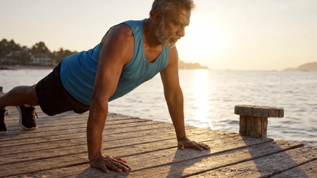 An older man performs push-ups on a wooden dock at sunset, highlighting his dedication to fitness and a healthy lifestyle amidst a serene waterfront setting.