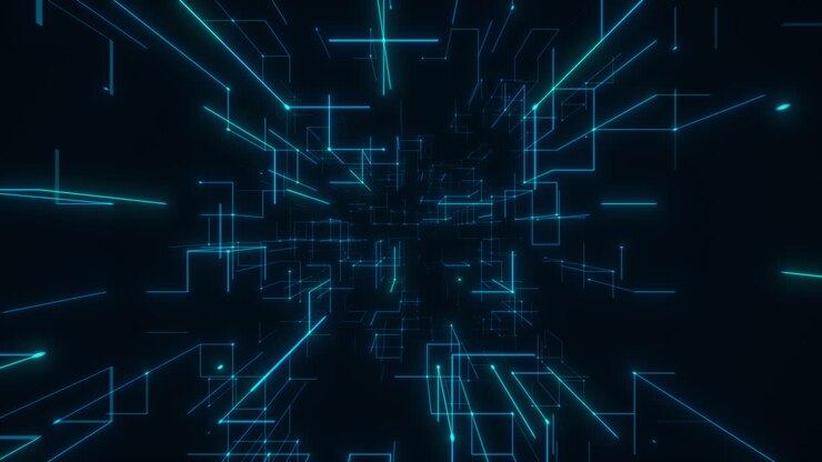 Scie di luce digitali blu in un tunnel wireframe futuristico. Rendering 3D in loop