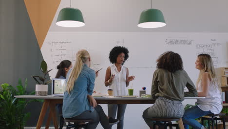 Verschiedene-Geschäftsfrauen-Treffen-Sich-Im-Sitzungssaal,-Brainstorming-Teammanagerin-Präsentiert-Kreative-Projektideen-Unter-Verwendung-Von-Finanzdiagrammdaten-In-Der-Präsentation-Am-Büroarbeitsplatz