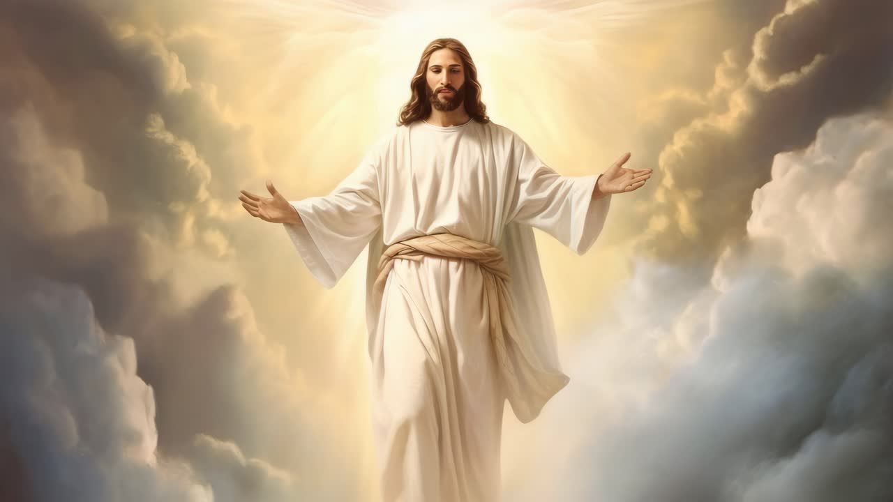 A divine figure in white robes, arms open, surrounded by clouds