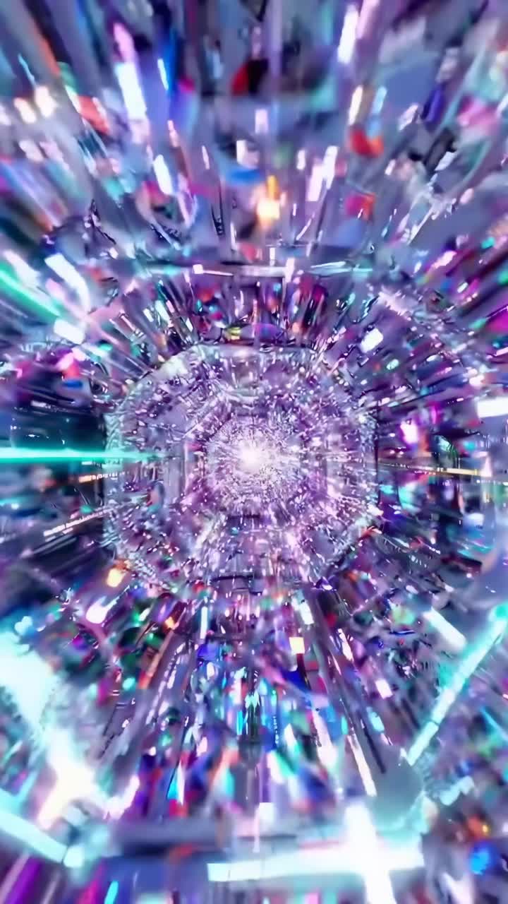 Video futuristik dengan efek terowongan kaleidoskopik, diambil dari sudut pandang orang pertama.