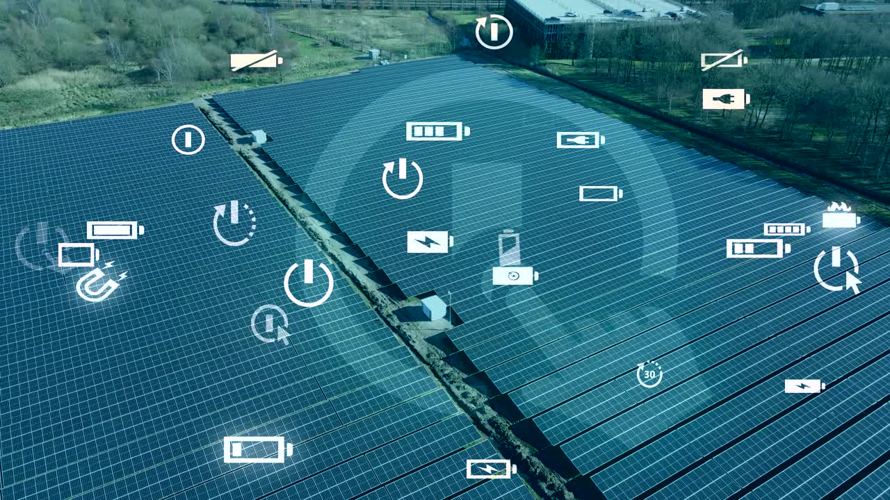 Aerial view of solar panel field with high tech graphics overlay