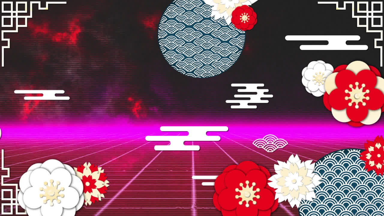 태양과 함께 디지털 풍경 위에 빨간색과 색 꽃이 떨어지는 애니메이션