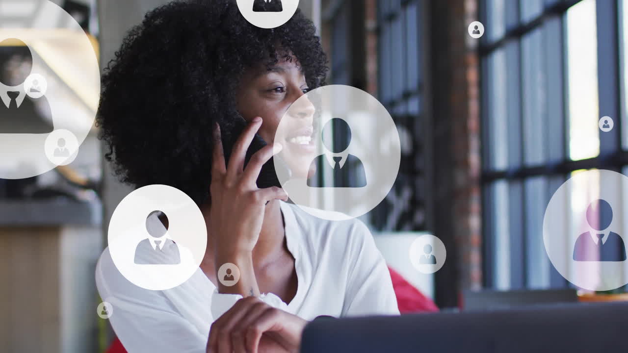 Animation of profile icon in circles over biracial woman laughing and talking on cellphone