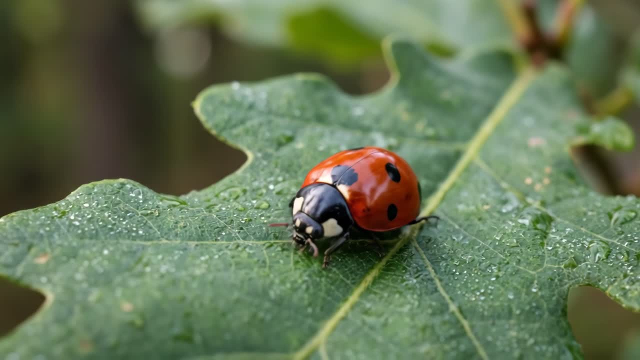 Close-up of a Ladybug on a Dewy Green Leaf