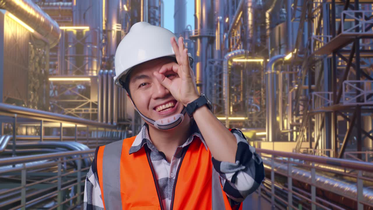 Close Up Of Asian Male Engineer With Safety Helmet Showing Ok Hand Sign Over Eye And Smiling To Camera While Standing At A Vast Oil Refinery