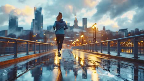 woman running on a bridge in the city at night