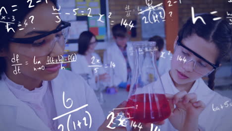 animación de sumas matemáticas sobre diversos científicos examinando el líquido en un vaso en el laboratorio