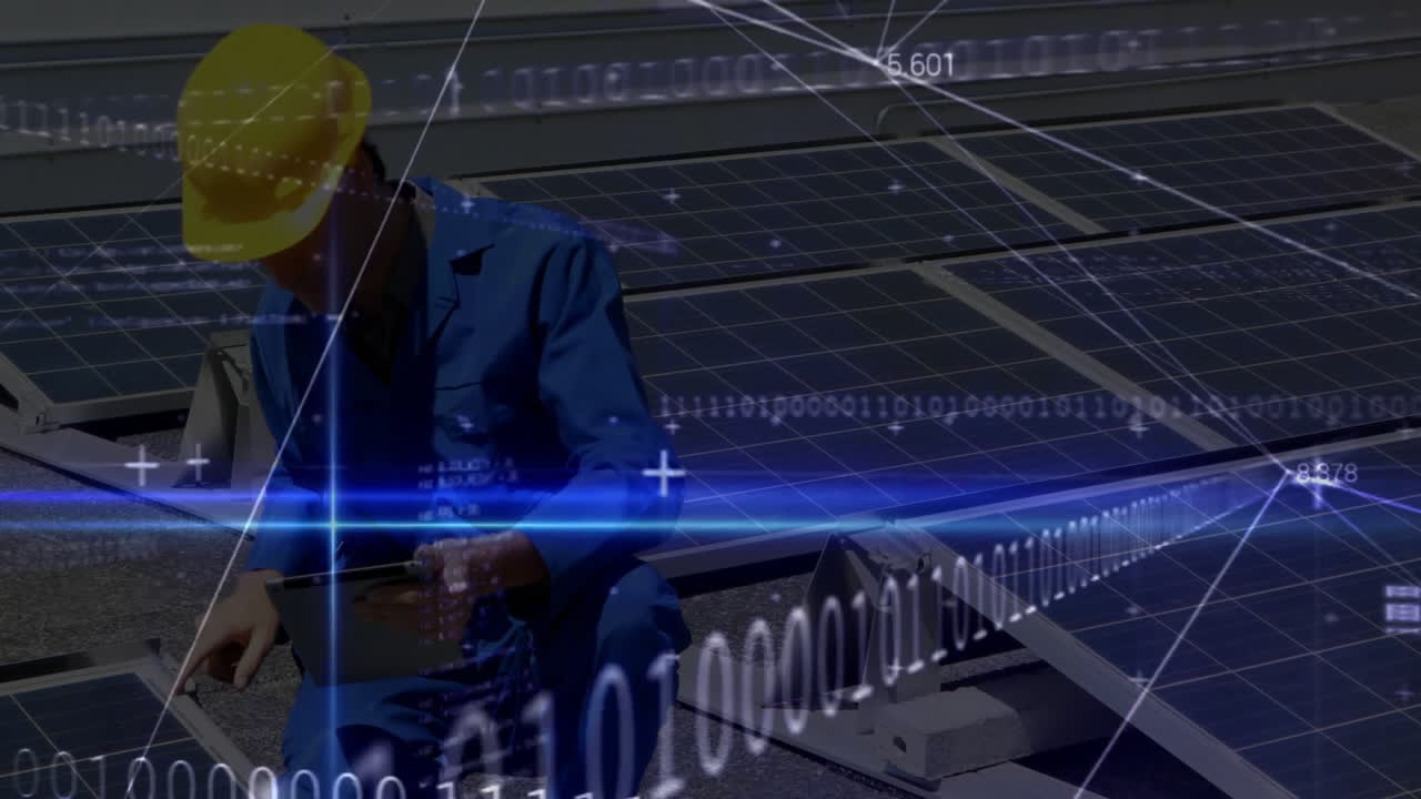 solar technician kneeling beside solar panels monitoring data, revealing floating binary code
