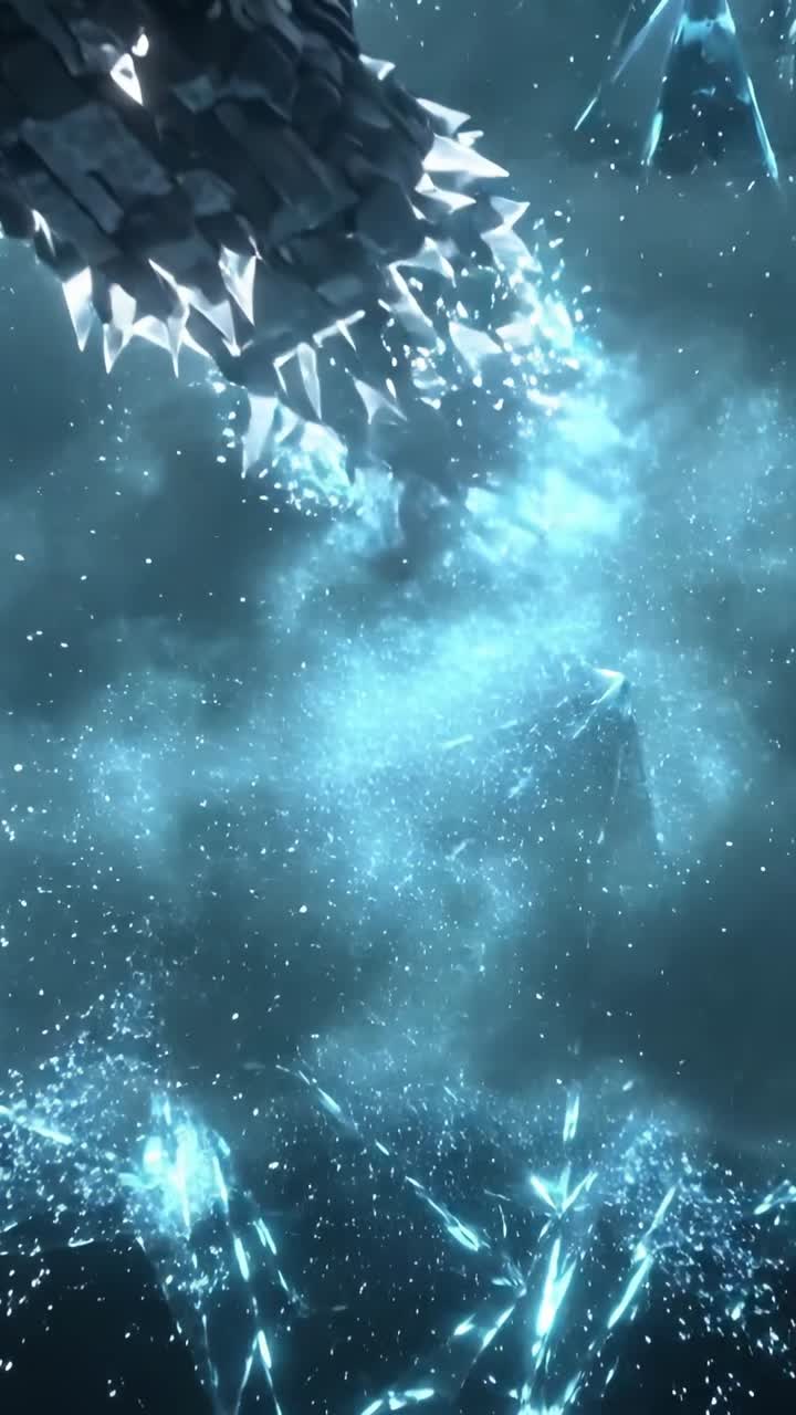 Vertical video: Entering left, colliding crystal rock releasing blue bloom in space, copy space