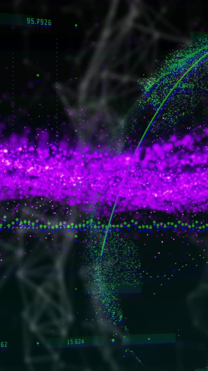 Animazione di onde vibranti viola e verdi con particelle digitali astratte che si formano