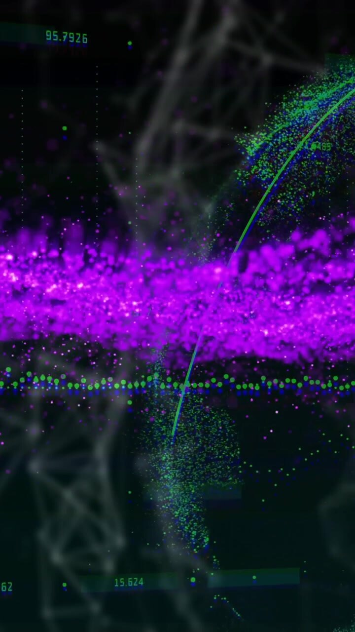 Animation of vibrant purple and green waves with abstract digital particles forming