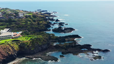 Cinematic-aerial-drone-view-of-beautiful-coastline-in-Sao-Miguel-island,-Azores---Portugal
