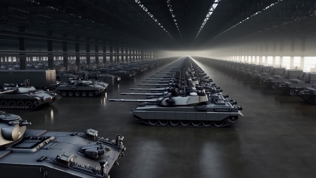 Un vaste entrepôt rempli de chars militaires