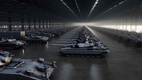 a vast warehouse filled with military tanks
