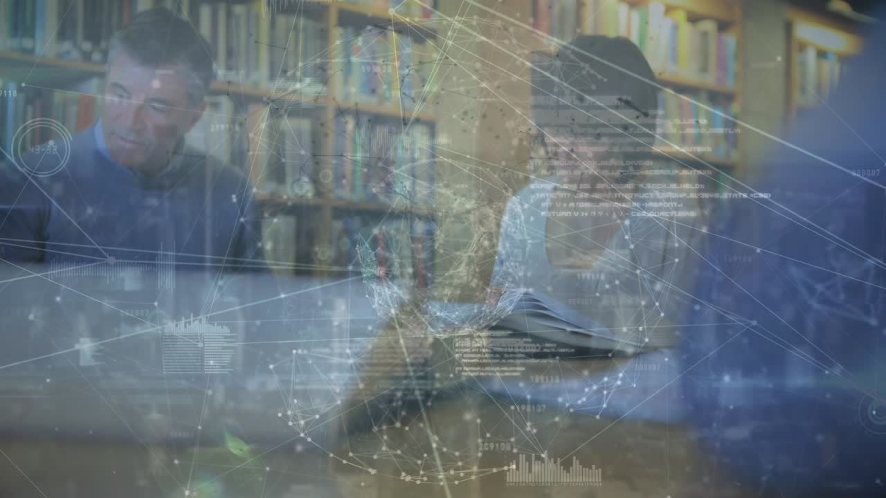 Animation of connections with globe over diverse people in library