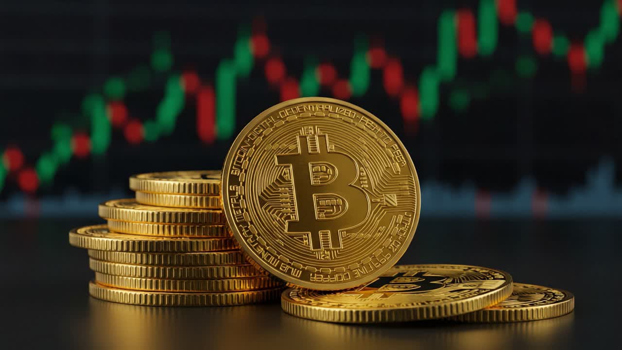 A Stunning Close-Up of Bitcoin Coins Stacked Against a Background of a Rising Market Graph, Illustrating the Growth and Value of Cryptocurrency Investments