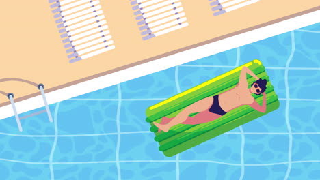 young man tanning in float in pool character