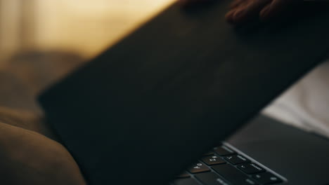 Night hands typing laptop closeup. Busy manager person finishing work project.
