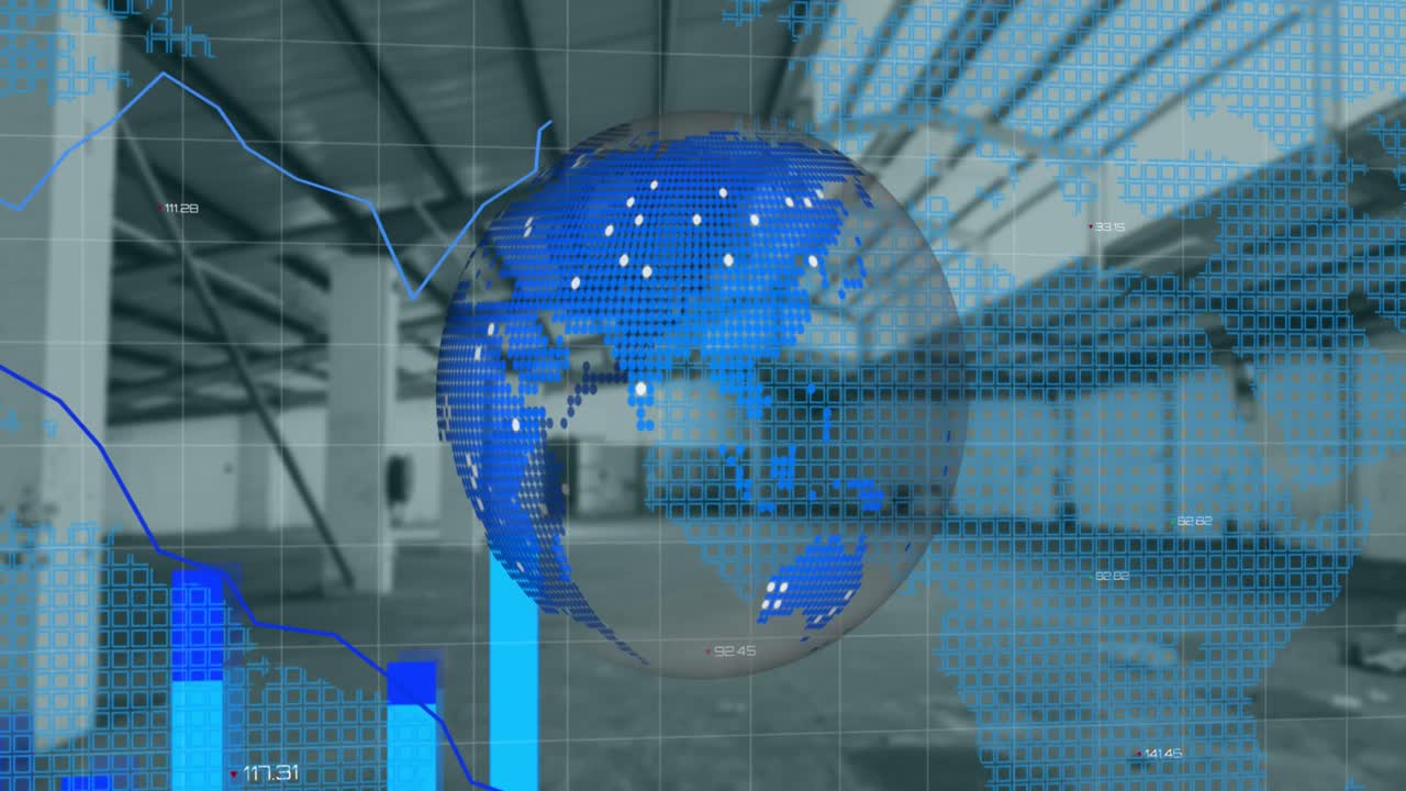 animación de gráficos financieros y globo sobre sala vacía