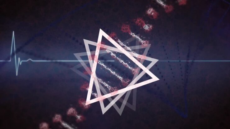 Animazione di triangoli rotanti, DNA e frequenza cardiaca su sfondo blu navy