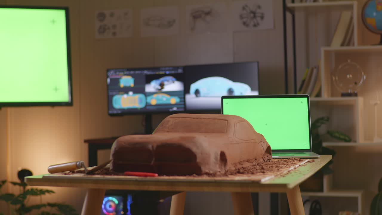 그린 스크린 에 있는 자동차 점토 조각은 녹색 스크린 tv와 컴퓨터 디스플레이 3d 전기 자동차 모델과 함께 스튜디오의 테이블 위에 있습니다.