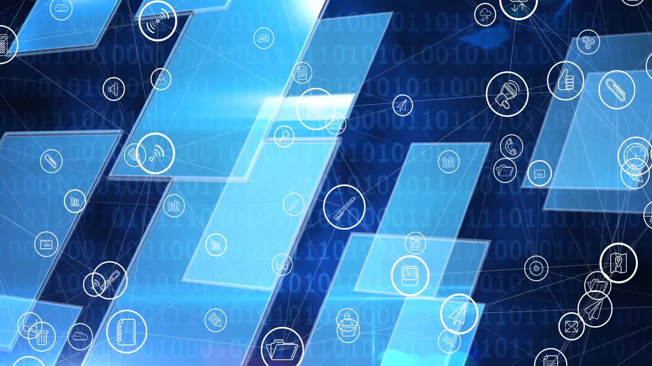 백그라운드에서 바이너리 코딩을 통해 디지털 아이콘으로 연결 네트워크의 애니메이션