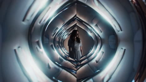 silhouette of a woman in a futuristic reflective tunnel