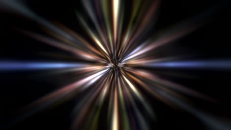 bucle abstracto giratorio colorido parpadeo luz de estrella chispas con haz de luz radial emitida por la rotación de la estrella central. 4k 3d fractales bucle sin costuras infinito rayas de luz radiales complejas brillantes.