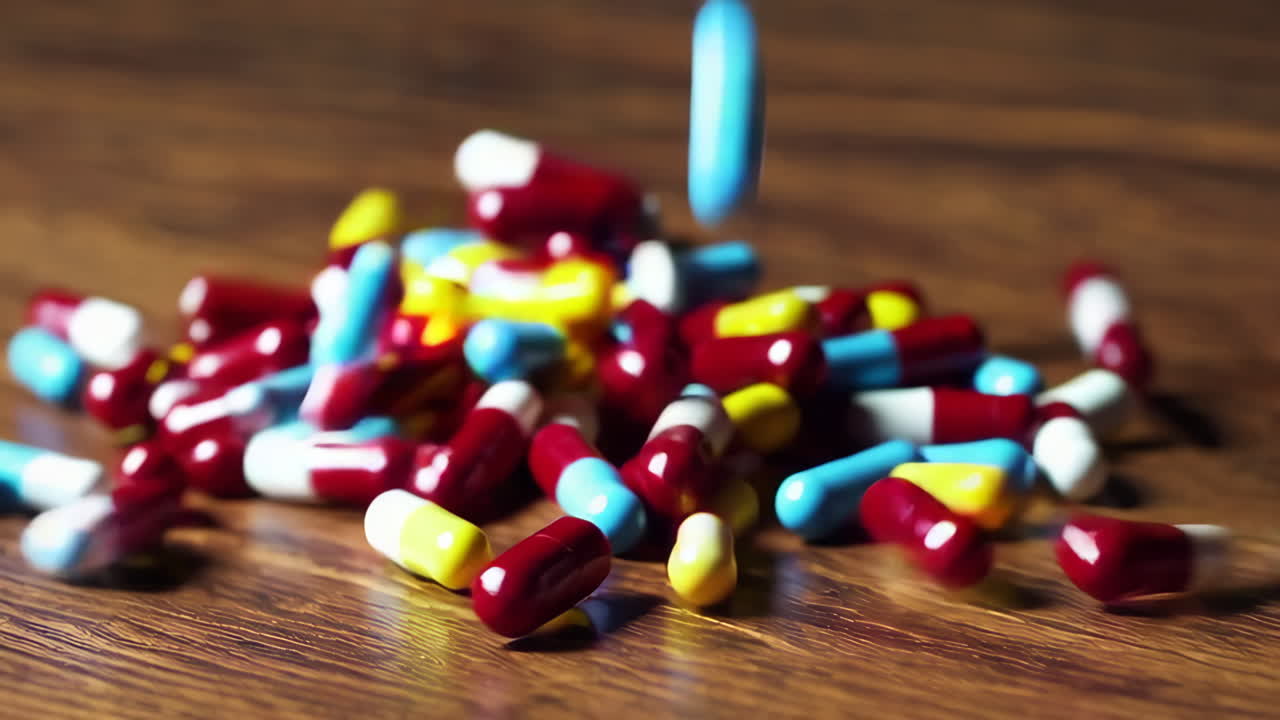 Assorted Colorful Capsules on Wooden Table
