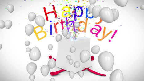 animación de texto de feliz cumpleaños sobre globos y presente sobre fondo blanco