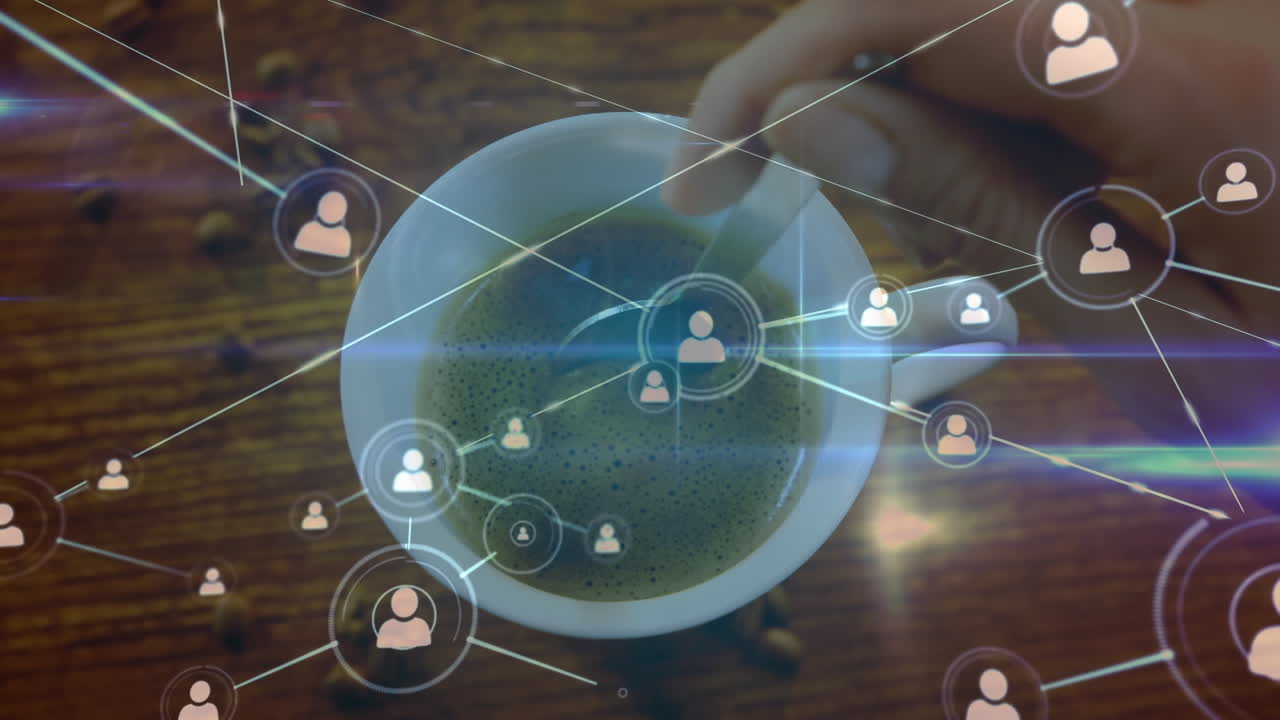 animación de la red de conexiones e iconos sobre una taza de café