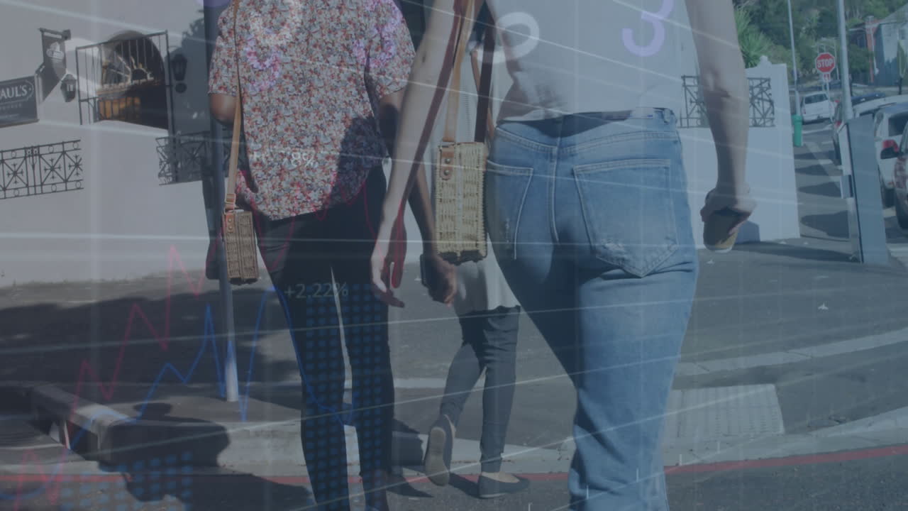 거리를 가로지르는 커피 컵을 가진 다양한 여성에 대한 숫자를 바꾸는 꺼기의 애니메이션