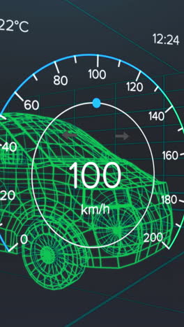 animation von geschwindigkeitsmesser-, gps- und ladezustandsdaten auf der fahrzeugschnittstelle, über 3d-van-modell