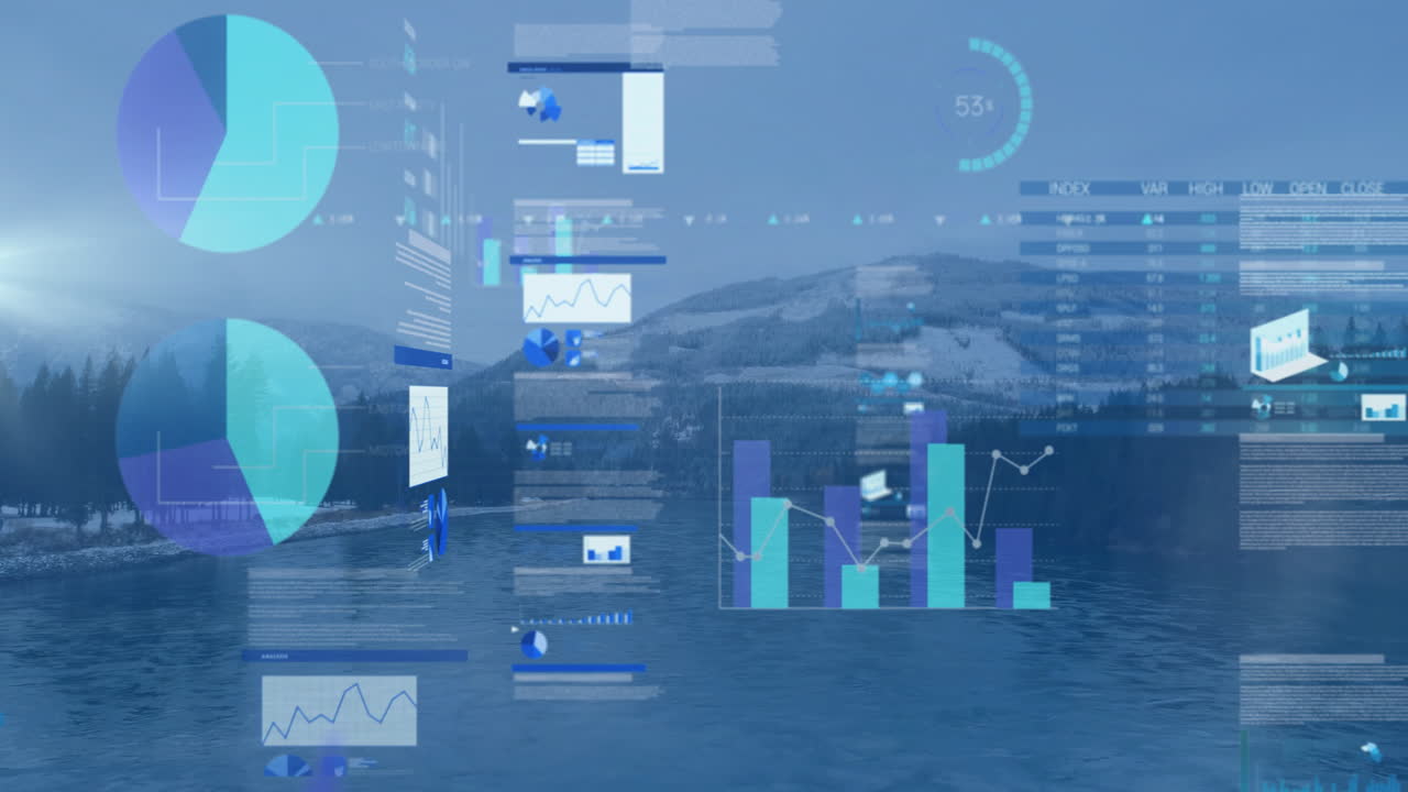 Animation of data visualization graphics overlaying serene mountain lake landscape