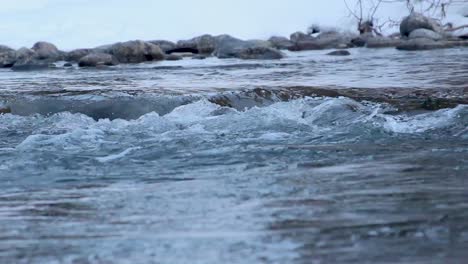 turbulent water flow down icy river over rock ledge, medium shot stationary