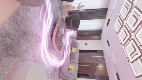 sala de estar de casa moderna con flujo de energía moviéndose libremente en la casa, vertical