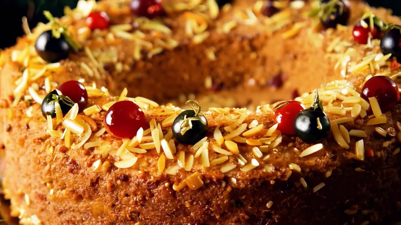 아몬드 와 과일 로 장식 된 크리스마스 케이크 의 근접