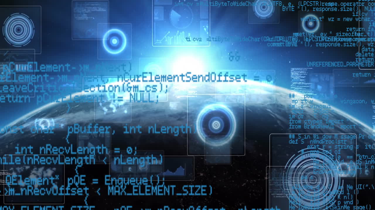 Digital code and data processing animation over Earth viewed from space